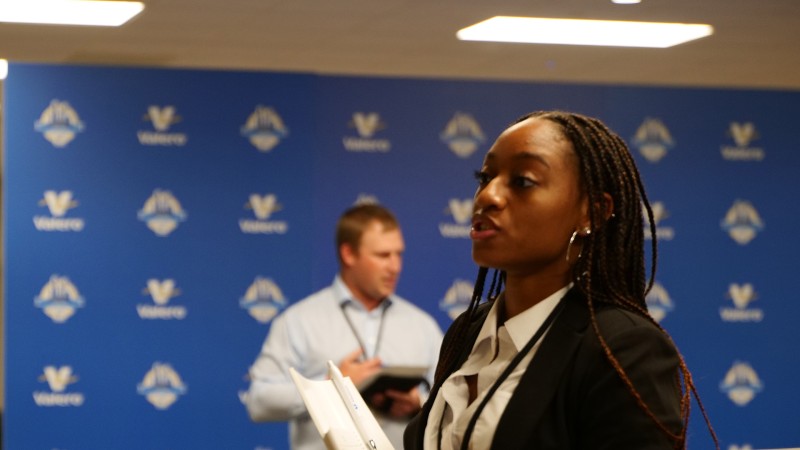 A student practices interviewing at Kooilspetroleum's Freshman Engineering Summit.